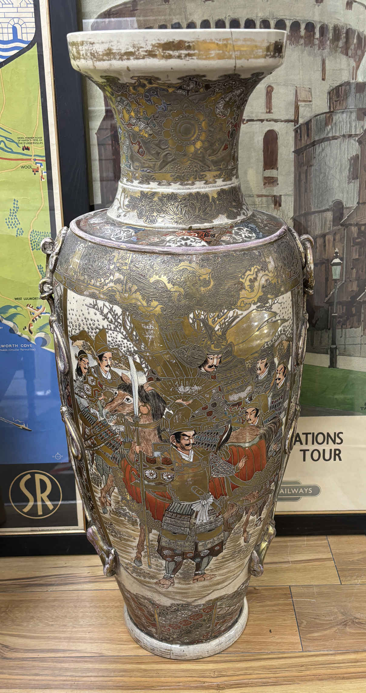 A massive Japanese Satsuma pottery vase, 89cm high (neck repaired)